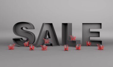 Yaratıcı satış metin, kırmızı sepet arabası sepeti ve alışveriş çantası, tasarım konsepti için siyah Cuma satış olay. 3D render illüstrasyon.