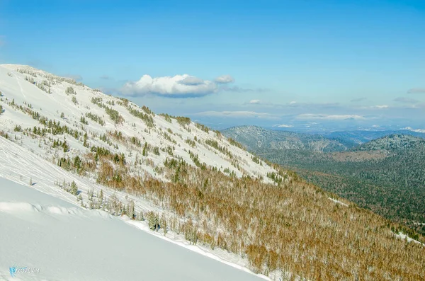 Kar ve gökyüzü arasında. Rock Shoria muhteşem manzarası önünüzdeki açılır. Rus kış güçtür. Sibirya'da snowboard.