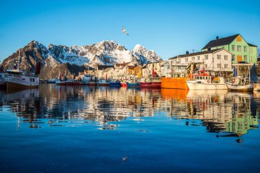 Henningsvaer bağlantı noktasına (Lofoten, Norveç gün batımında görüntülemek)
