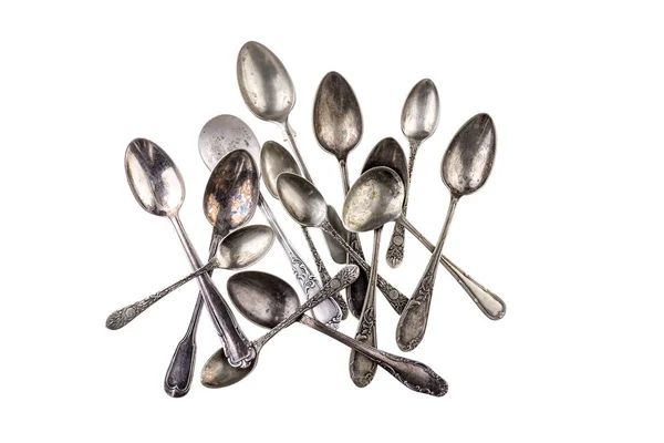 Kolekce Starožitného Teaspoons Nad Bílým Pozadím — Stock fotografie