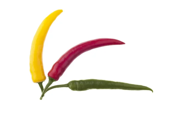 Three Peppers Red Yellow Green Isolated White Background — Stock Photo, Image