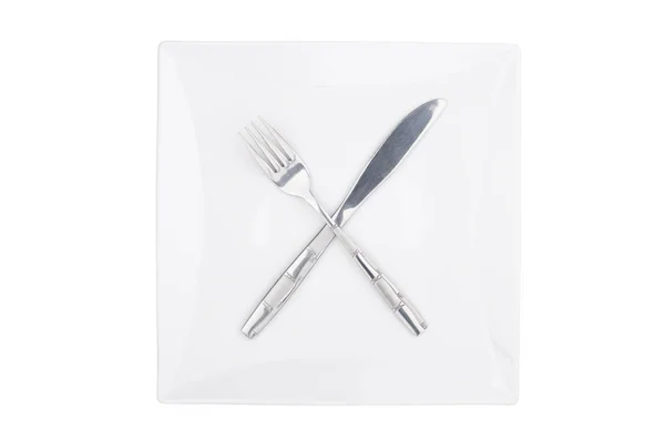 Fork Knife Squared Plate Isolated — Stock Photo, Image