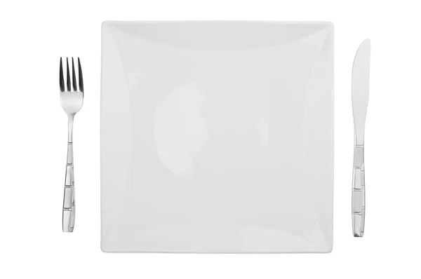 Placa Blanca Con Tenedor Cuchillo Sobre Fondo Blanco —  Fotos de Stock