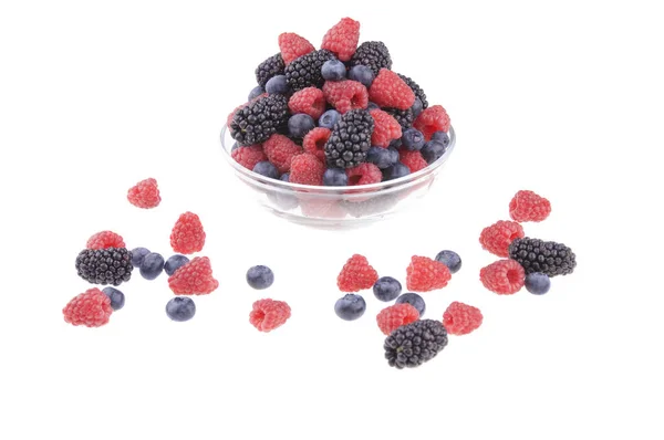 Topf Mit Himbeeren Blaubeeren Und Brombeeren Auf Weißem Hintergrund — Stockfoto