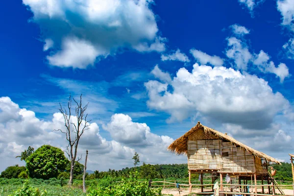 Wooden houses built with materials are natural and clear sky.