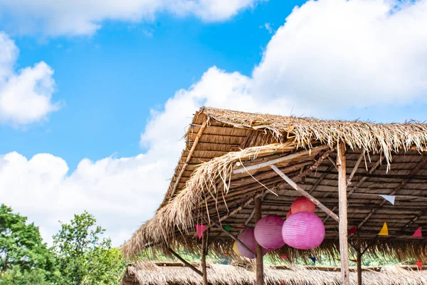 Wooden houses built with materials are natural and clear sky.