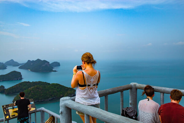 The tourists are happy with the Sea angthong Islands , Suratthani in thailand