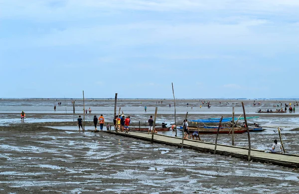 Bateau Touristes Dessus Mer Des Touristes Recherche Coquilles Escargot Sur — Photo