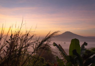 Sis ve güneş dağ sonra sabah.