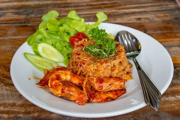 Smažená Rýže Mořskými Plody Kořeněná Jídla Thajské Stylu — Stock fotografie