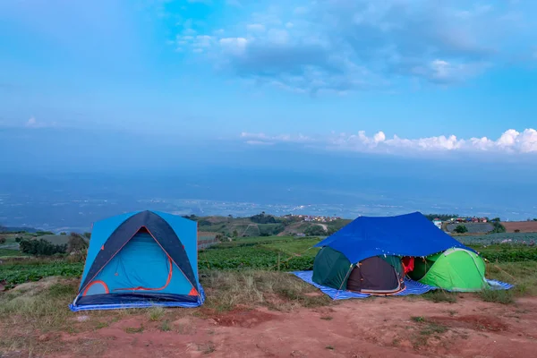 Namiot Tło Nieba Górskie Widoki Wieczorem — Zdjęcie stockowe