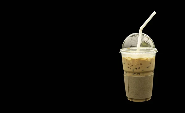 Холодный Кофе Чёрном Фоне Пластикового Стекла — стоковое фото