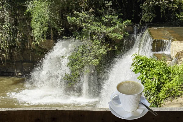 Isolated Hot coffee Put a glass of white with a casual break from work  background waterfall with clipping path.