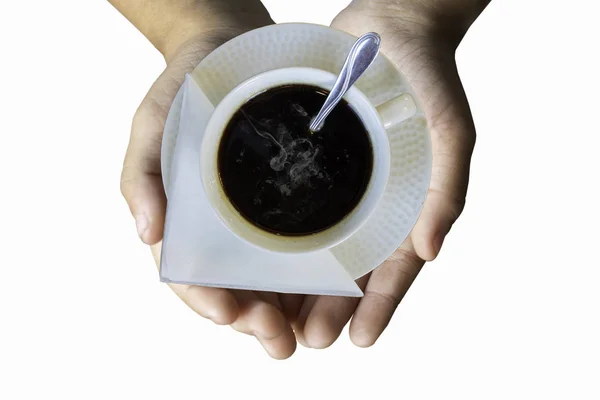Isolated Hand Holding Hot Coffee Put Glass White White Background — Stock Photo, Image