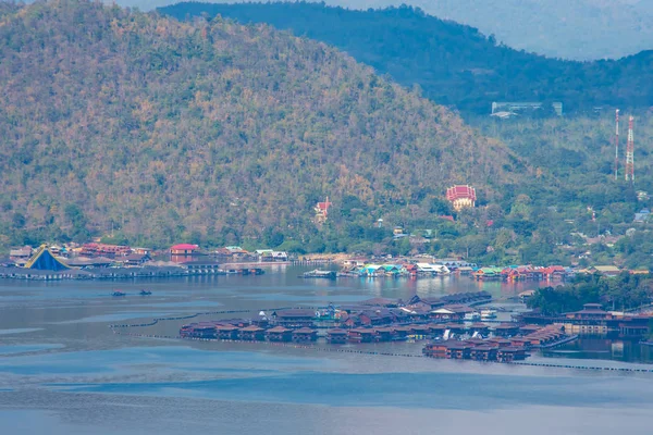 Schoonheid Dam Woonboot Aan Heldere Hemel Bij Sri Nakarin Dam — Stockfoto