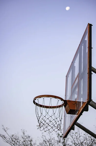 Basket Hoop Bakgrunden Suddig Träd Och Månen Himlen — Stockfoto