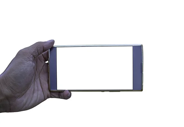 A mão segurando o telefone em um fundo branco com clipping p — Fotografia de Stock