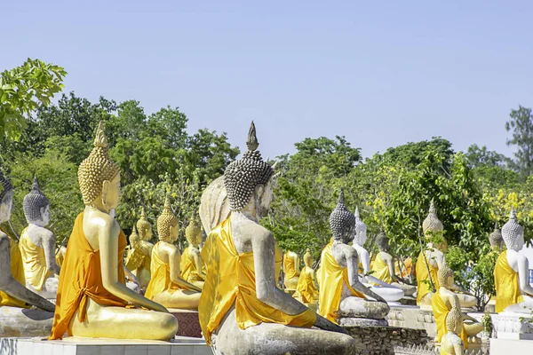Hinter der Buddha-Statue mit gelbem Stoffhintergrund Himmel am wat phai rong wua, suphan buri in Thailand. — Stockfoto
