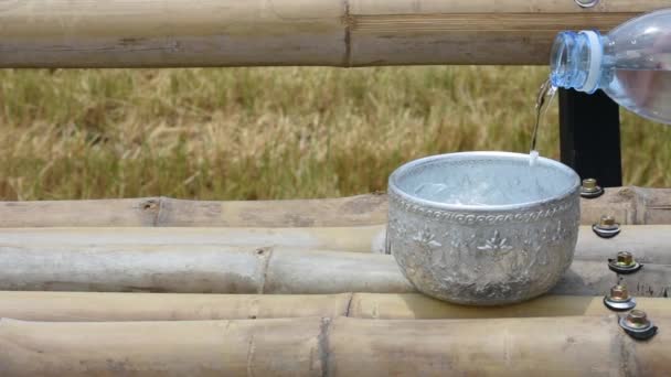 Roestvrijstalen Kom Met Ijs Een Bamboe Tafel Gevuld Met Water — Stockvideo