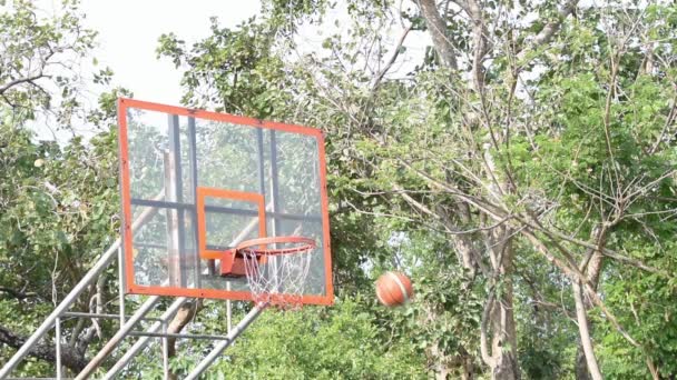 Bollarna Kastas Basket Hoop Och Netto Slow Motion Bakgrunds Träd — Stockvideo