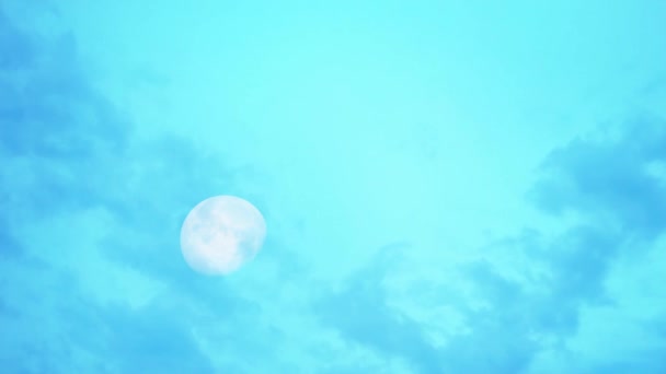 日光中的月亮 在明亮的天空和黑云快速移动 — 图库视频影像