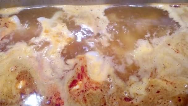 辛辣的汤在锅里煮着鱿鱼 虾和水母 — 图库视频影像