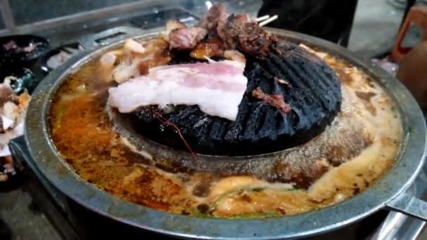Grilled Pork Pan Burning Heat Shrimp Boiling Soup Lot Smoke — Stock Video