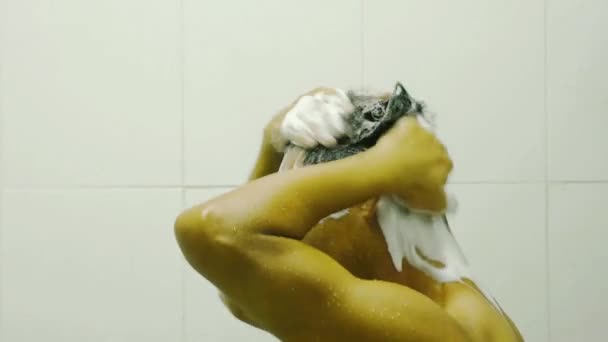 Lado Dos Homens Asiáticos Limpar Cabelo Com Shampoo Dentro Banheiro — Vídeo de Stock
