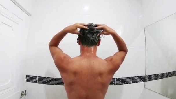 Back Asian Men Clean Hair Shampoo Bathroom — Vídeos de Stock