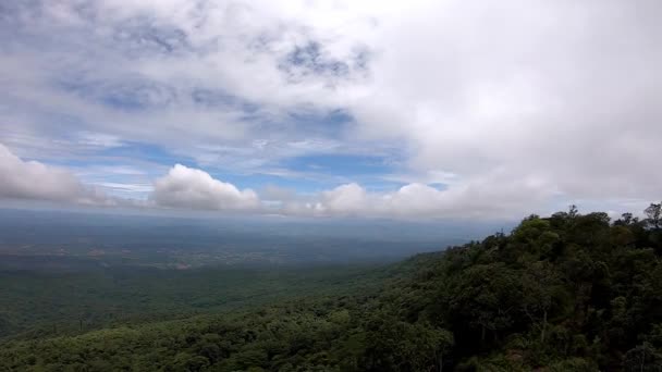 O vídeo se move da direita para o lado esquerdo das nuvens se movem no céu durante o dia brilhante e árvore oscilação no vento na montanha em Phu Hin Rong Kla, Phetchabun, Tailândia . — Vídeo de Stock