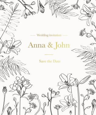 Grafik çizgi otlar ve çiçek çerçeve ile güzel çiçek düğün davetiyesi şablonu. Tarihi kaydet. - Vektör