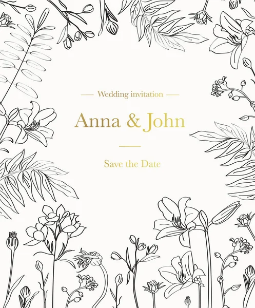 Grafik çizgi otlar ve çiçek çerçeve ile güzel çiçek düğün davetiyesi şablonu. Tarihi kaydet. - Vektör