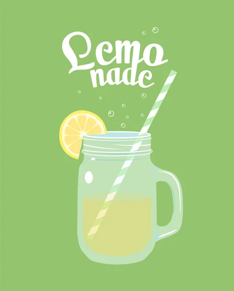 Tarro Limonada Con Paja Rodaja Limón Sobre Fondo Verde Ilustración — Archivo Imágenes Vectoriales