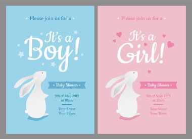 Pembe ve mavi renklerde, erkek ve kız için sevimli küçük tavşan illüstrasyon ile Bebek Duş davetiyesi şablonu tasarımı. - Vektör
