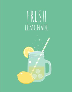 Limon ve limon dilimi illüstrasyon ile kavanozda Limonata. Taze soğuk yaz içkisi. - Vektör