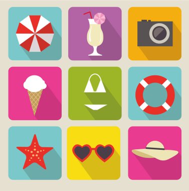 Güzel düz vektör yaz simgeleri ayarlayın. Yaz plaj dinlenme tatil simgeleri