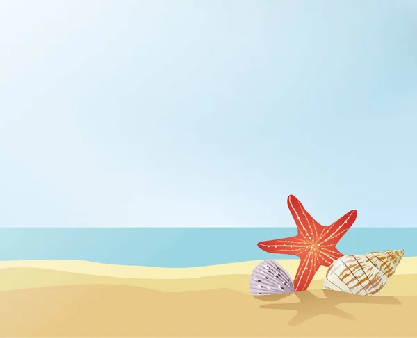 海の近くの砂の上のヒトデと貝殻 ビーチでの夏 — ストックベクタ