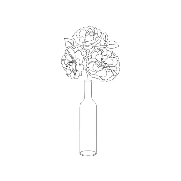 Minimalistische Tätowierkunst Eine Linie Flasche Mit Blumenstrauß Zeilenkunst Vektor Illustration — Stockvektor