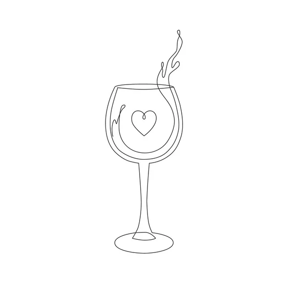 Dibujo Copa Vino Una Línea Con Bebida Corazón Pequeño Ilustración — Archivo Imágenes Vectoriales