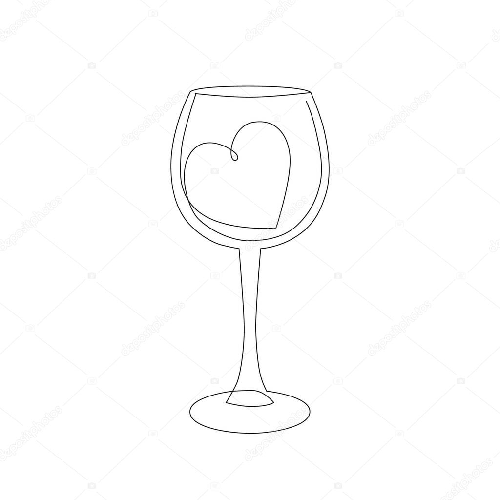 Wineglass tattoo design. Heart in glass line art. Contour simple drawing in minimalist style for trendy clear print or card. - Vector illustration