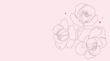 Çizgi sanatı ile botanik çizimi. Gül ve şakayık çiçekleri tek çizgi çiziyor. Bir satır minimalist stil eskiz. Kalpler basılı, afiş, kart ya da davetiye için. - Vektör