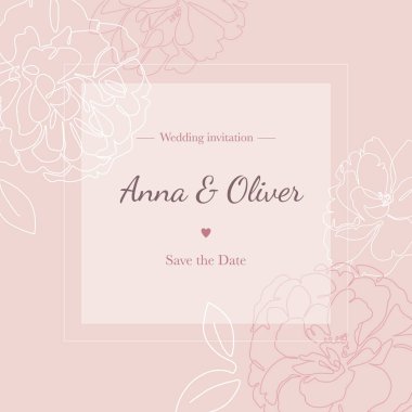 Botanik düğün davetiyesi tasarımı. Çizgi sanatı olan çiçek illüstrasyonu. Şakayık çiçekleri tek çizgi çiziyor. Randevu kartını kendine sakla. - Vektör