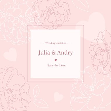 Çiçekli düğün davetiyesi tasarımı. Çizgi sanatı ile pembe botanik çizimi. Şakayık çiçekleri, kalplerle çizilmiş tek çizgi. Randevu kartını kendine sakla. - Vektör