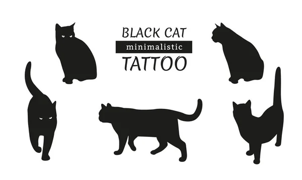 Schwarze Katze Minimalistisches Tätowierdesign Set Isolierter Katzensilhouetten Auf Weißem Hintergrund — Stockvektor