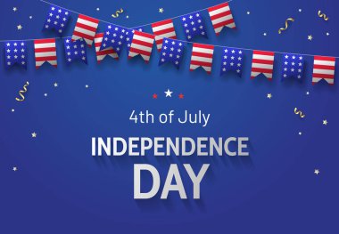 4 Temmuz Bağımsızlık Günü, bayrak tasarımı şablonu ve mavi arka planda Amerikan bayrakları ve konfeti. - Vektör
