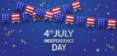 Amerikan bayrak tasarımında Bağımsızlık Günü. Mavi arka planda Amerikan bayrakları ve konfeti var. 4 Temmuz. - Vektör