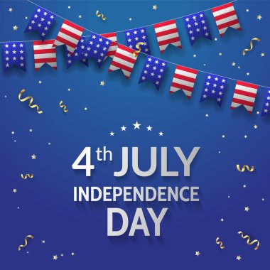 Independence Day greeting banner design template with american flags and confetti on blue background. 4th July. - Vector clipart