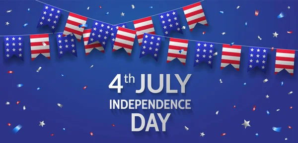 Design Banner Dia Independência Com Bandeiras Americanas Confetes Fundo Azul — Vetor de Stock