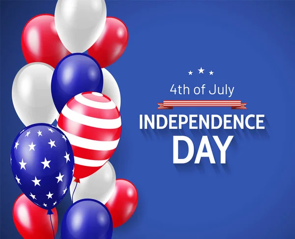 美国独立日欢迎横幅设计与美国国旗气球和文字蓝色背景 — 图库矢量图片