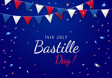 Bastille Günü, 14 Temmuz. Fransız Ulusal Günü için bayrak ya da kart şablonu, mavi arka planda dekoratif bayraklar ve konfeti. - Vektör